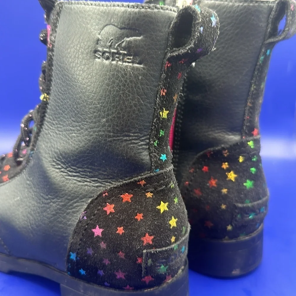 Sorel Emelie Youth Girls Leather Combat Boot SZ 4 Black Waterproof Arch Support